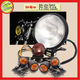 Set độ xe gồm đèn pha 13cm cùng đèn hậu tổ ong và 4 xi nhan classic bé