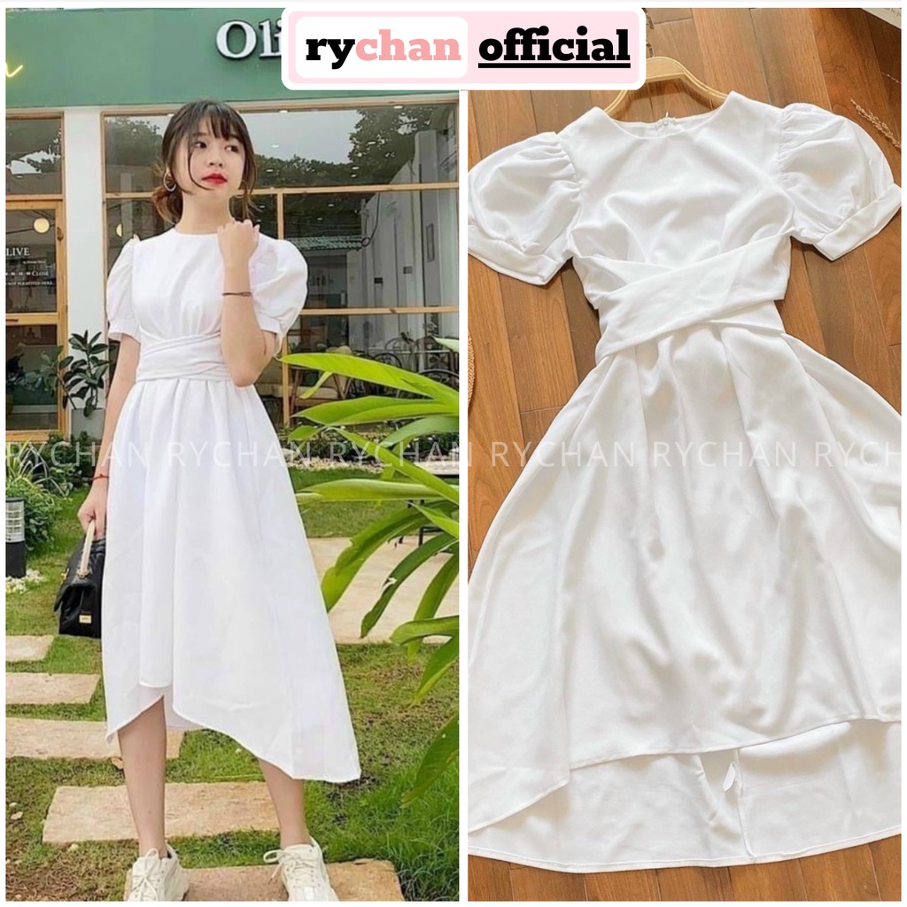 Đầm Xòe Midi Trắng Tay Phồng Nơ Lưng Lệch Tà Lót Trong Dày Dặn [Ảnh Thật Cuối] - DX0077