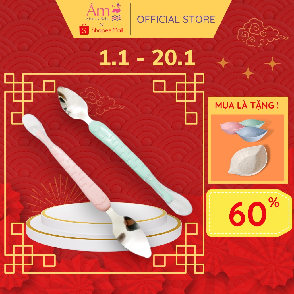 Thìa Tập Ăn Silicon Nạo Hoa Quả 2 Đầu Cho Bé Ấm Gift Decor Nhỏ Gọn Tiện Dụng