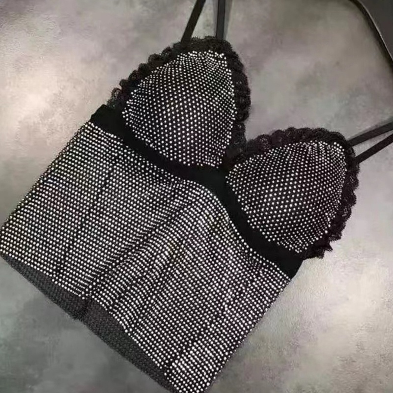 Áo Croptop Hai Dây Cổ Chữ V Phối Lưới Đính Đá Gợi Cảm Cho Nữ