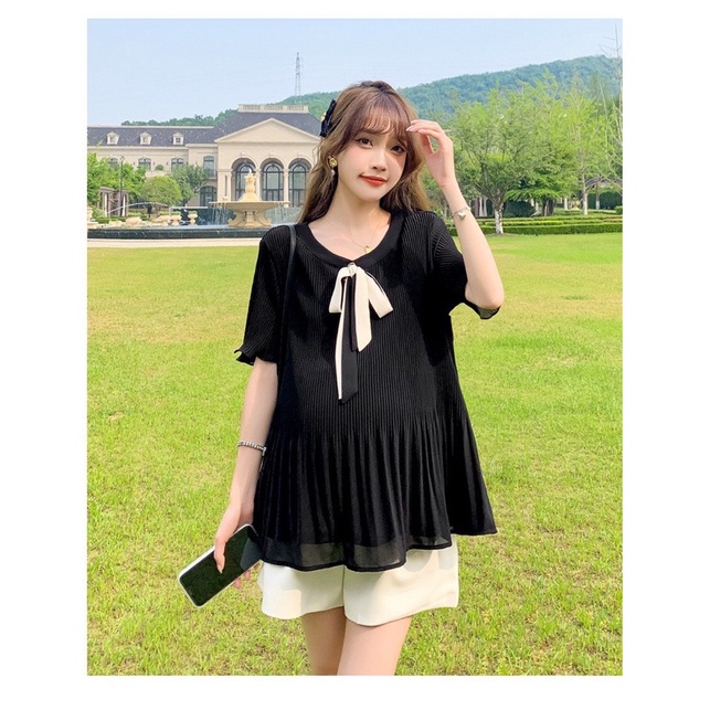 Áo bầu ly 2 lớp mềm mịn tay ngắn cổ Tròn mix nơ cực xinh