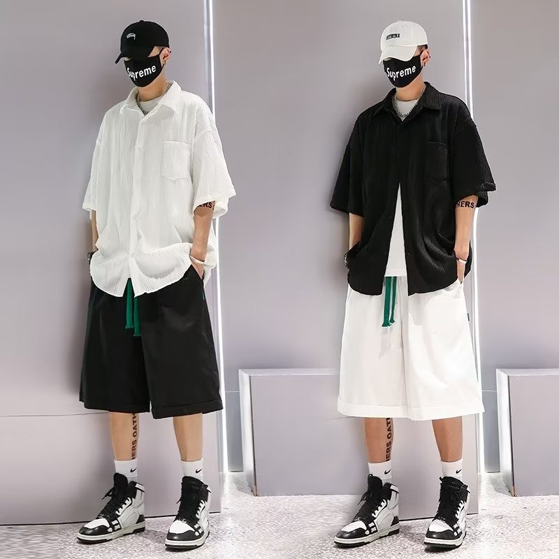 Áo Sơ Mi Tay Lỡ Dáng Rộng Màu Sắc Đơn Giản Phong Cách Harajuku Thời Trang Mùa Hè Cho Nam