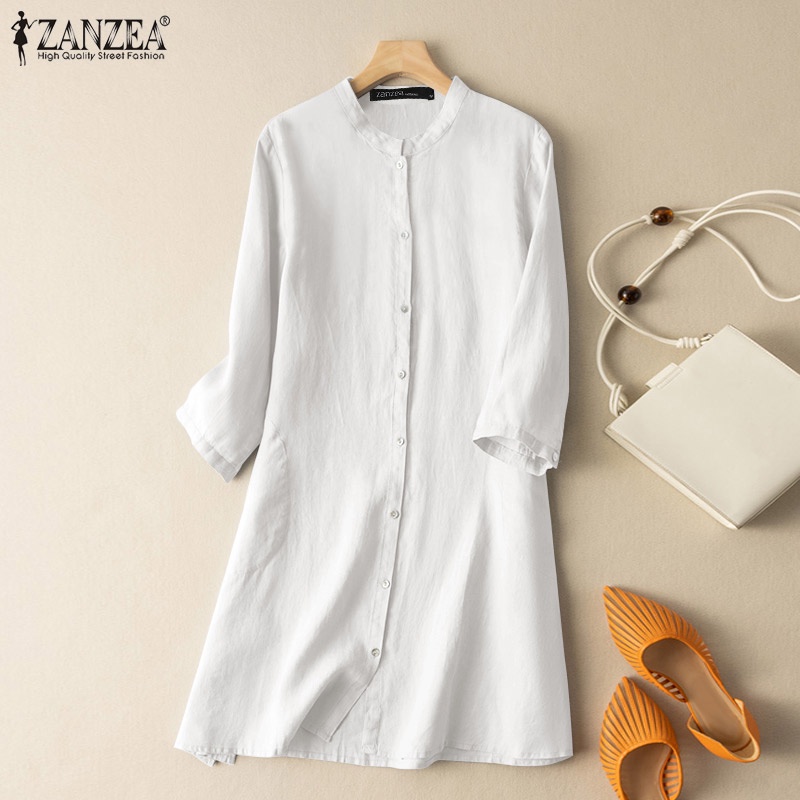 Đầm midi ZANZEA tay lửng cổ đứng có túi thời trang cho nữ