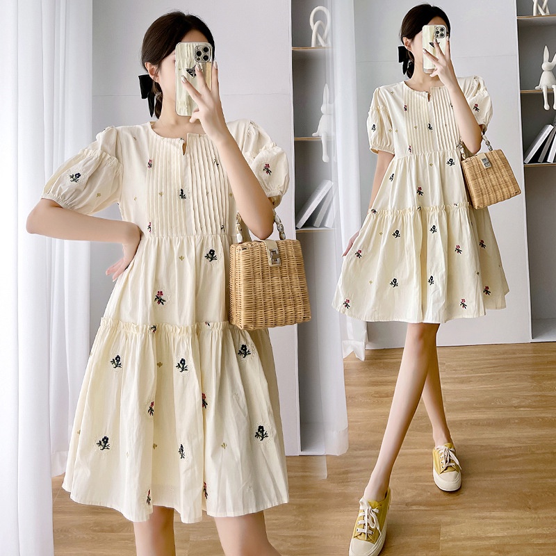 Váy bầu thiết kế thời trang mùa hè Dambauxinh-L1489 Đầm bầu dự tiệc chất lụa hoa freesize dưới 70kg