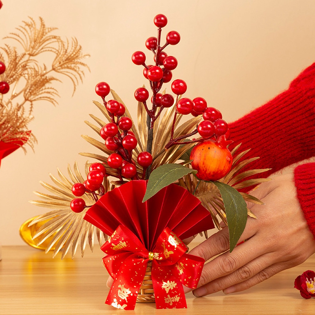 Chậu hoa phong thủy màu đỏ - Cành hoa đào đông - Cành Lá Vàng Hút Tài Lộc Trang Trí Nhà Dịp Lễ Tết Năm Mới