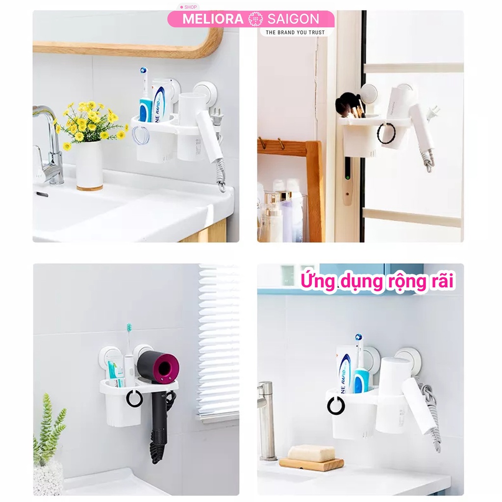 Giá đỡ máy sấy tóc có kệ đựng bàn chải đánh răng cao cấp MELIORA tải 10kg chống nước treo tường hút chân không SG597