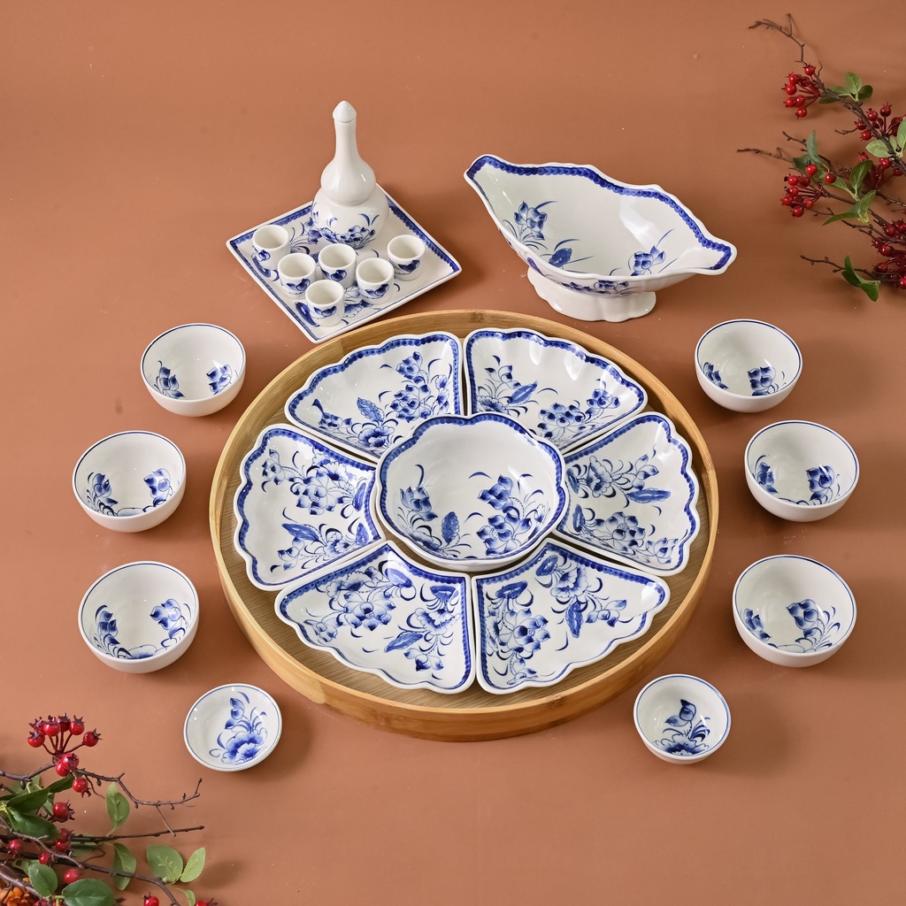 Bộ Bát Đĩa Hoa Mặt Trời Cúng Gia Tiên Hoạ Tiết Vẽ Hoa Sen Xanh Hoa Móc Sứ Bát Tràng Nhiều Mẫu 45cm