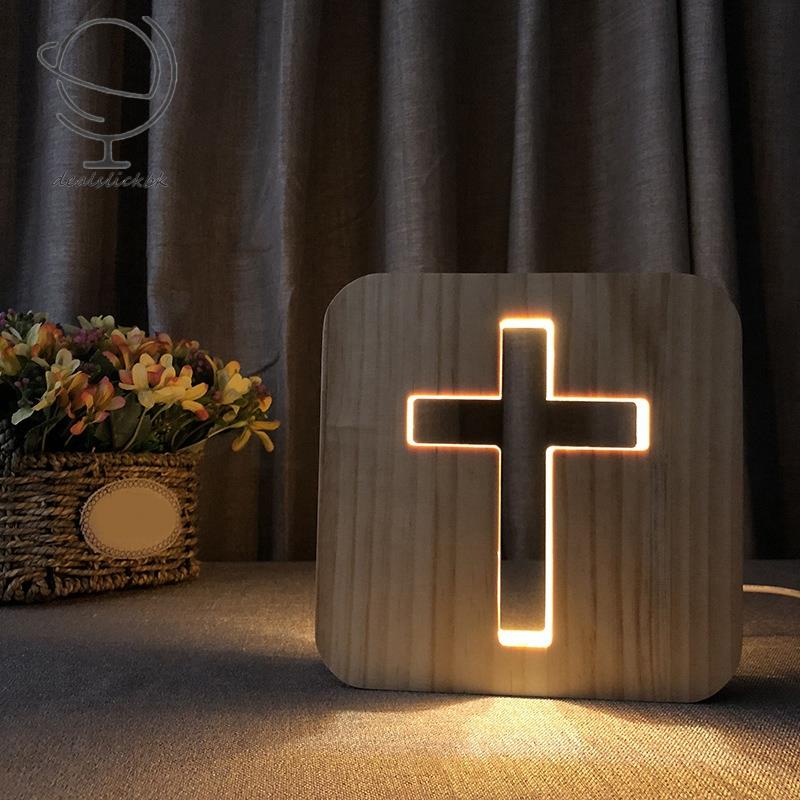 Đèn LED 3D Hình Thánh Giá Bằng Gỗ Để Bàn Kèm Sạc USB Độc Đáo Trang Trí Nhà Cửa