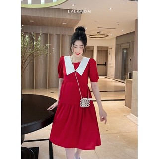 EVERMOM | Đầm đỏ phối cổ trắng