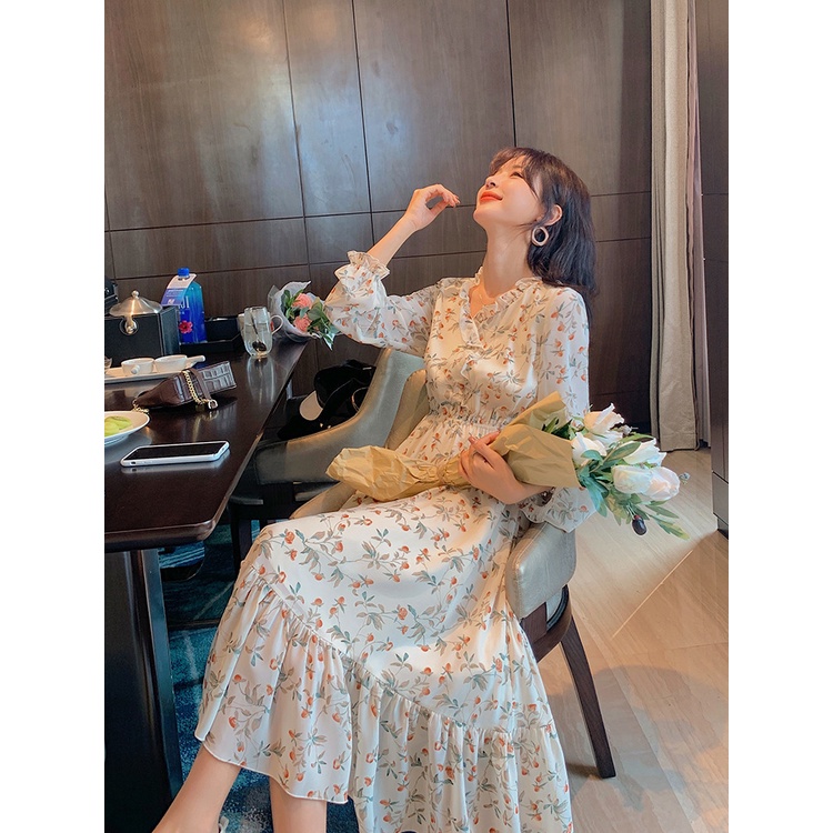 Đầm Hoa Tay Dài Cổ Chữ V Phong Cách Hàn Quốc Thời Trang Xuân Hè Mới 2023