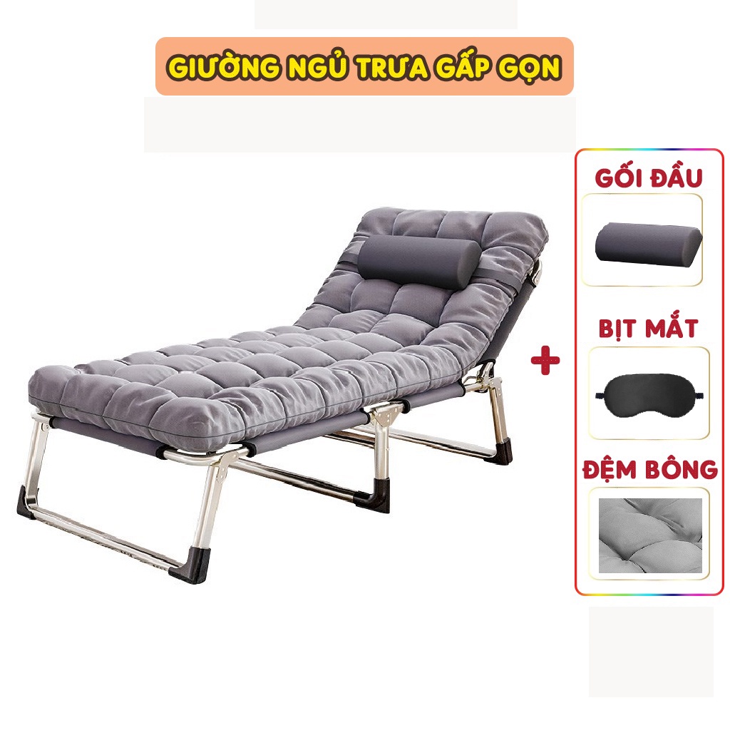 Giường xếp văn phòng ngủ trưa Vango gấp gọn, khung thép chắc chắn tặng kèm gối đầu, đệm bông và bịt mắt