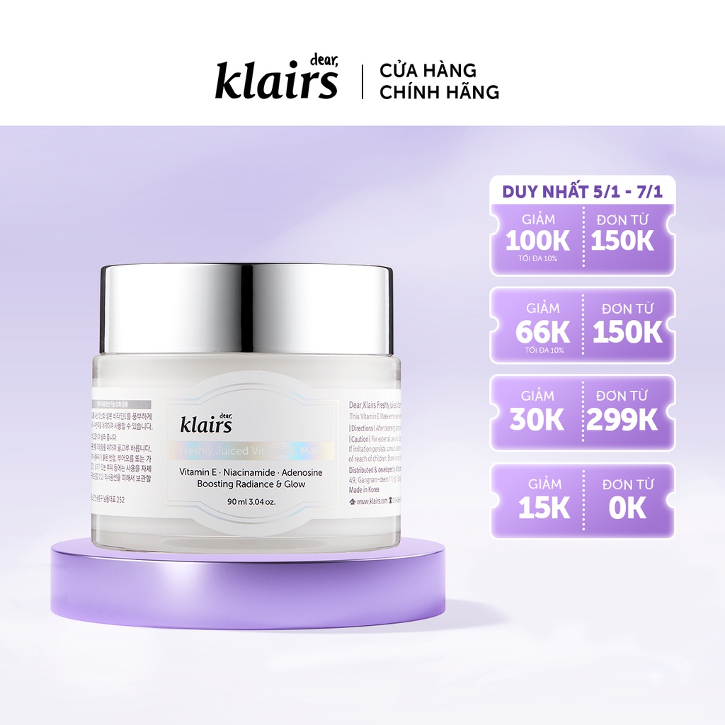Mặt nạ ngủ dưỡng da Dear, Klairs Freshly Juiced Vitamin E Mask 90ml