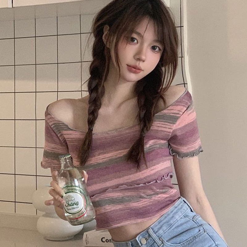 Áo thun XINLANYASHE ngắn tay họa tiết sọc ngang thời trang dành cho nữ