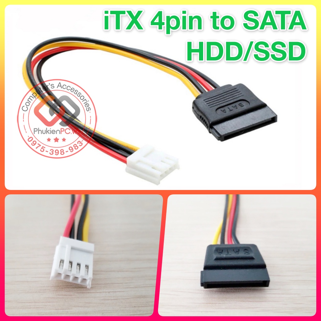 Dây nguồn 4Pin cắm Main ITX ra SATA ổ cứng HDD-SSD SATA, Mini PC, Tiny PC đầu ghi Camera Hikvision