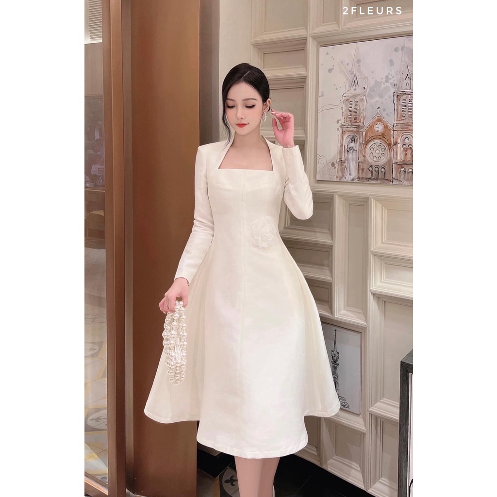 Đầm váy nữ trắng dự tiệc váy cổ vuông tay dài dáng xòe qua gối thời trang thiết kế sang trọng thanh lịch