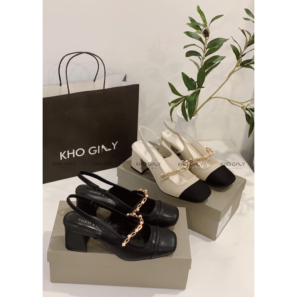 Giày Slingback Mũi Vuông Phối Xích Ngọc G0407