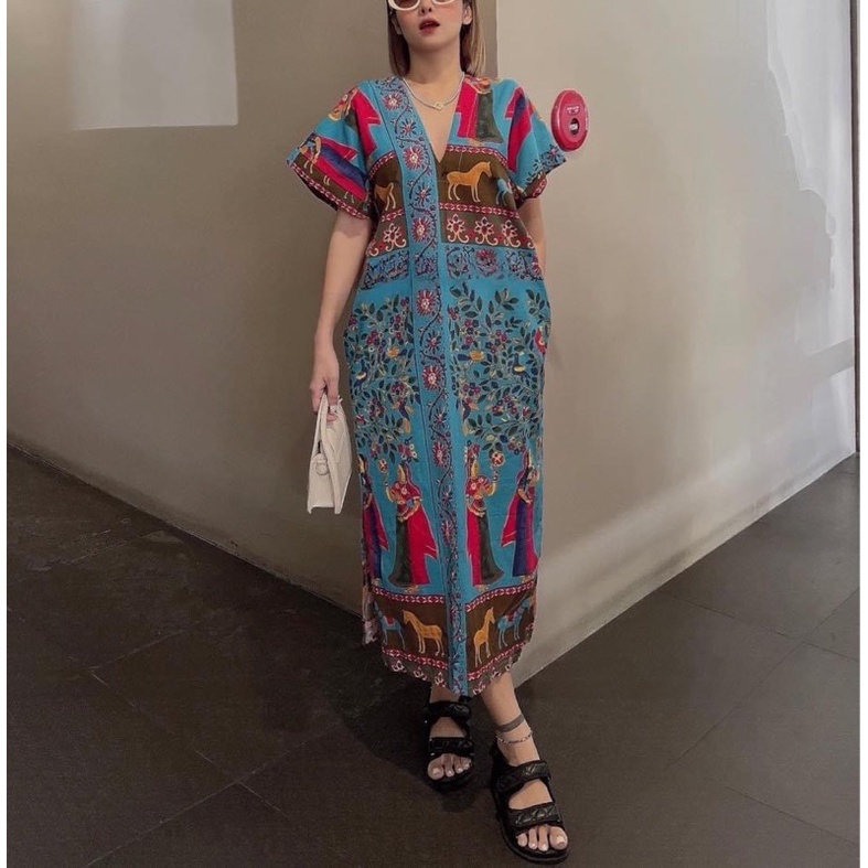 Đầm Maxi Cổ Dáng Rộng Họa Tiết Thổ Cẩm Phong Cách Boho Thời Trang Vintage Cho Nữ Váy Maxi Đi Chơi Du Lịch Thái Lan