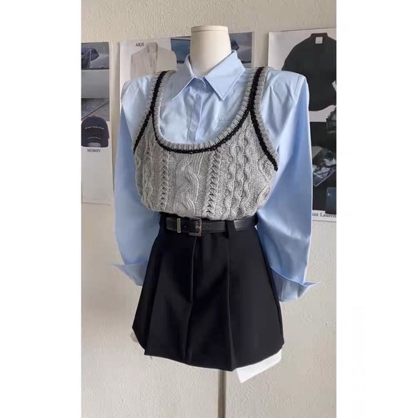 Set áo gile mix chân váy basic style Hàn Quốc