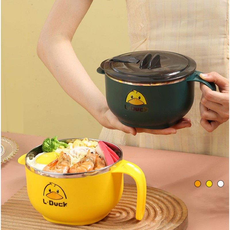Tô ăn mì - Bát inox có nắp đậy dung tích 1 lít họa tiết vịt vàng