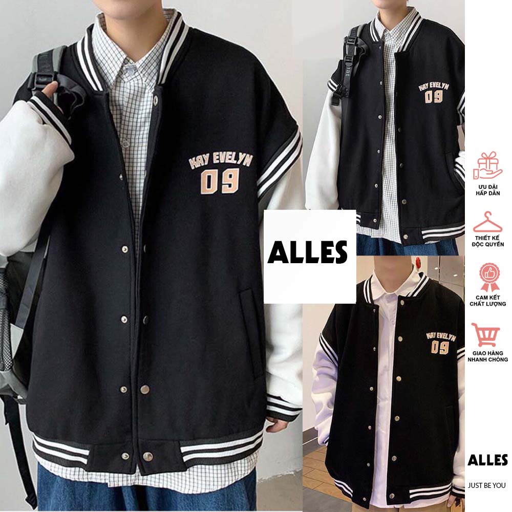 Áo khoác nam nữ bóng chày áo bomber thêu số 09 nhung tăm 2 lớp phong cách cá tính (Mã 001) ALLES – TD04