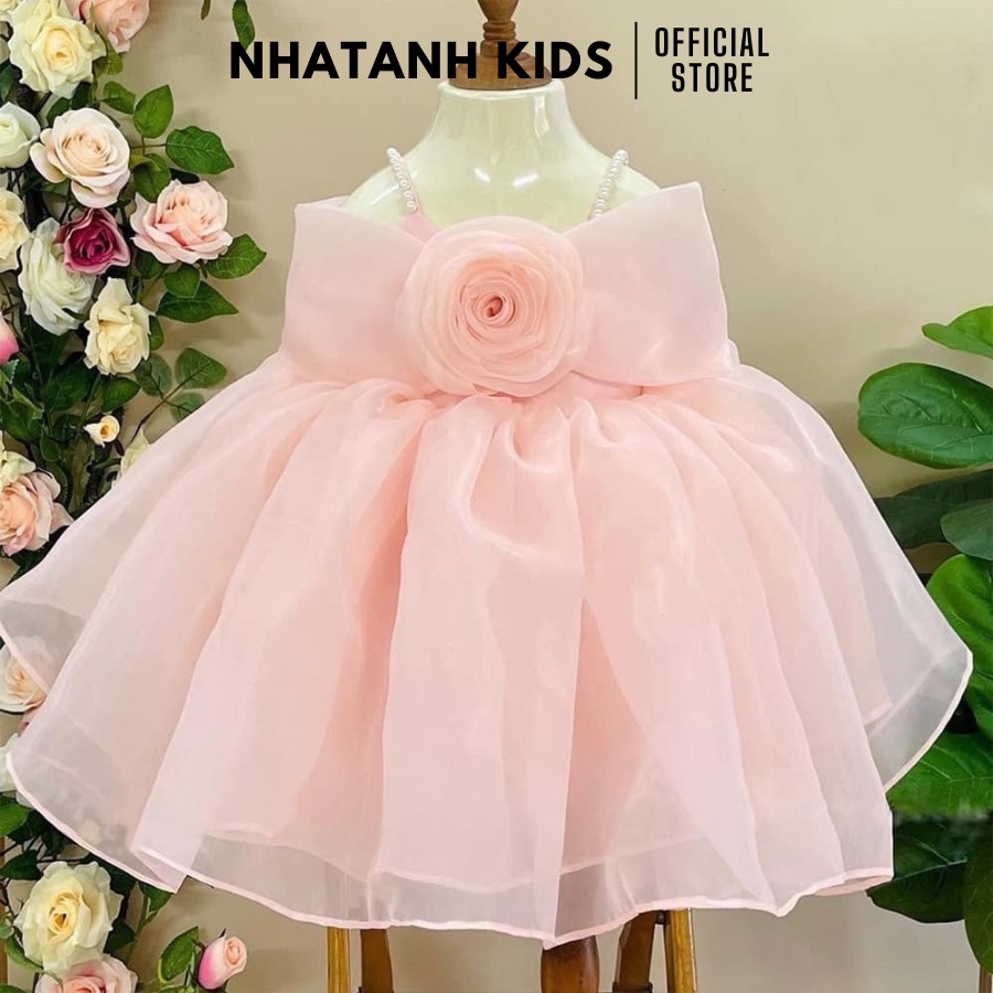 Đầm bé gái NHATANH KIDS choàng vai màu kem hoa hồng sang trọng cho bé từ 0-12 tuổi NA26