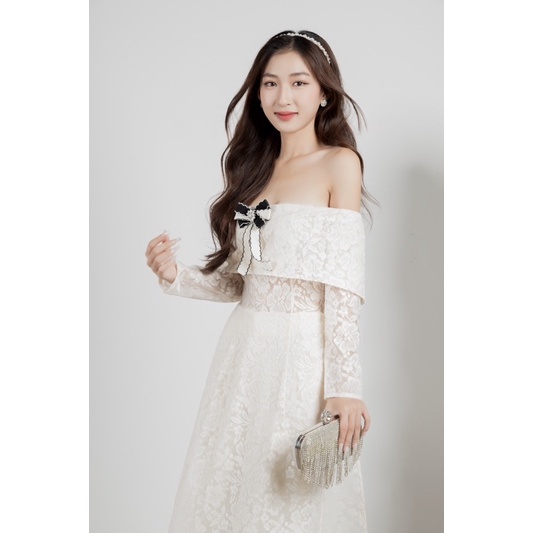 DII COLLECTION - Áo dài thiết kế trễ vai ren kèm nơ cao cấp