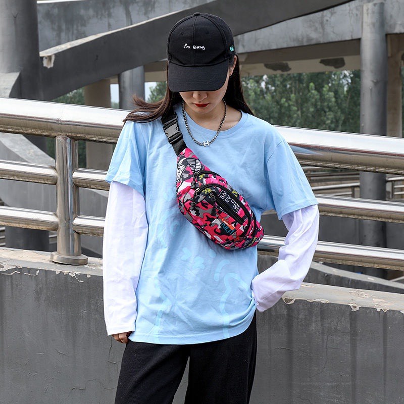 Túi Đeo Chéo Loang Màu Phong Cách HipHop, Túi Bao Tử Mini Vải Canvas Phong Cách Streetwear Đường Phố