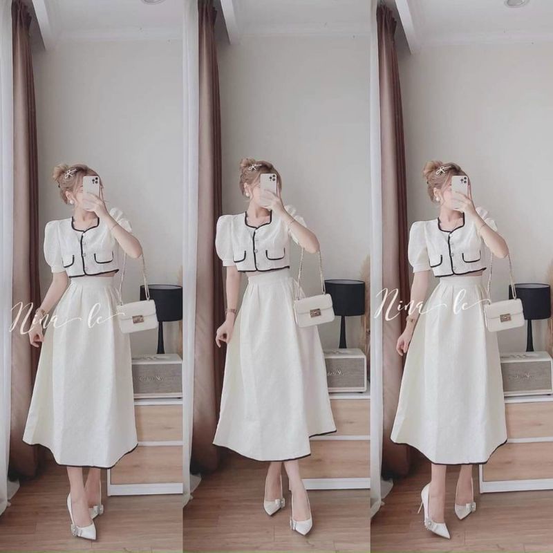 Sét áo và chân váy nữ đám cưới dự tiệc sự kiện áo kiểu crotop viền né giả túi kèm chân váy xòe phong cách Vip50
