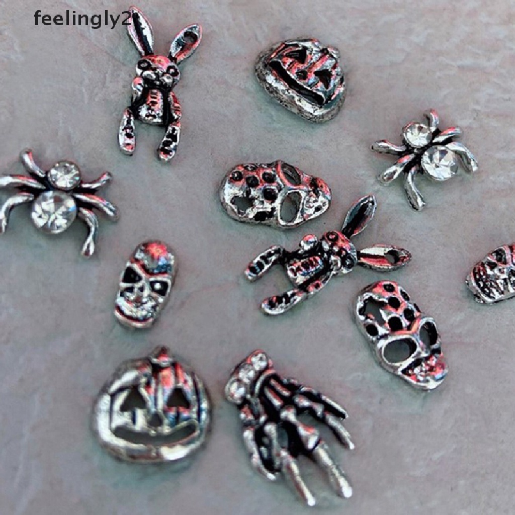 [Hàng Có Sẵn] Set 10 Đinh Tán Kim Loại Mạ Vàng / Bạc Đính Móng Tay Phong Cách Punk Halloween Ch (F)