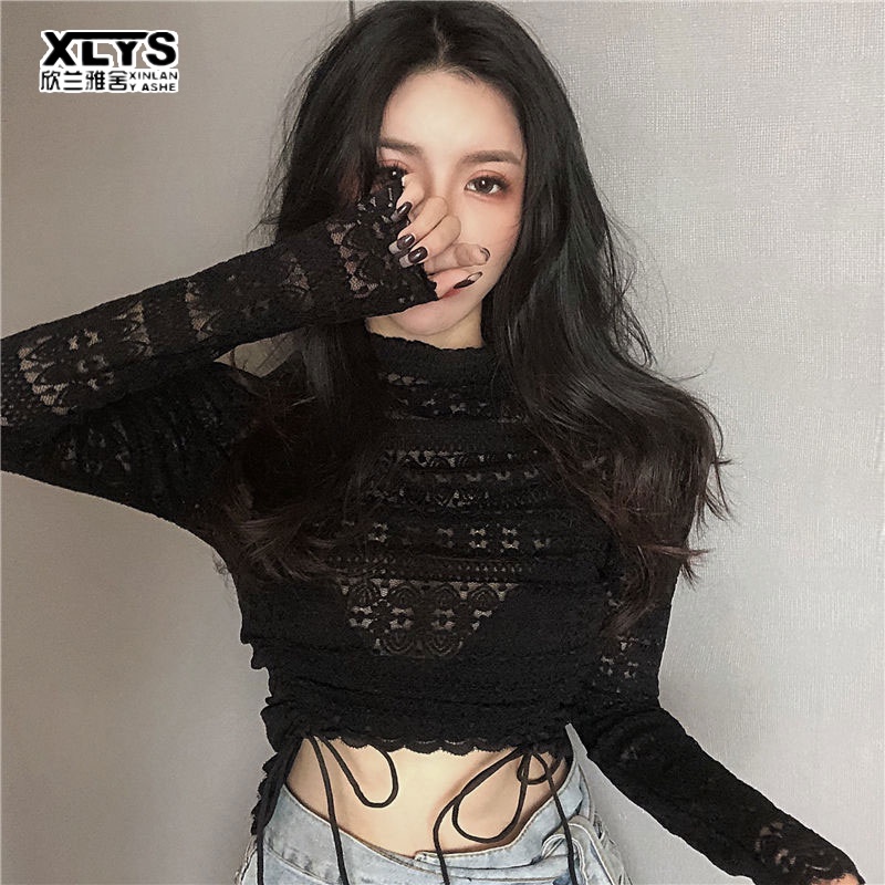 Áo thun XINLANYASHE tay dài cổ lọ phối ren thời trang cho nữ