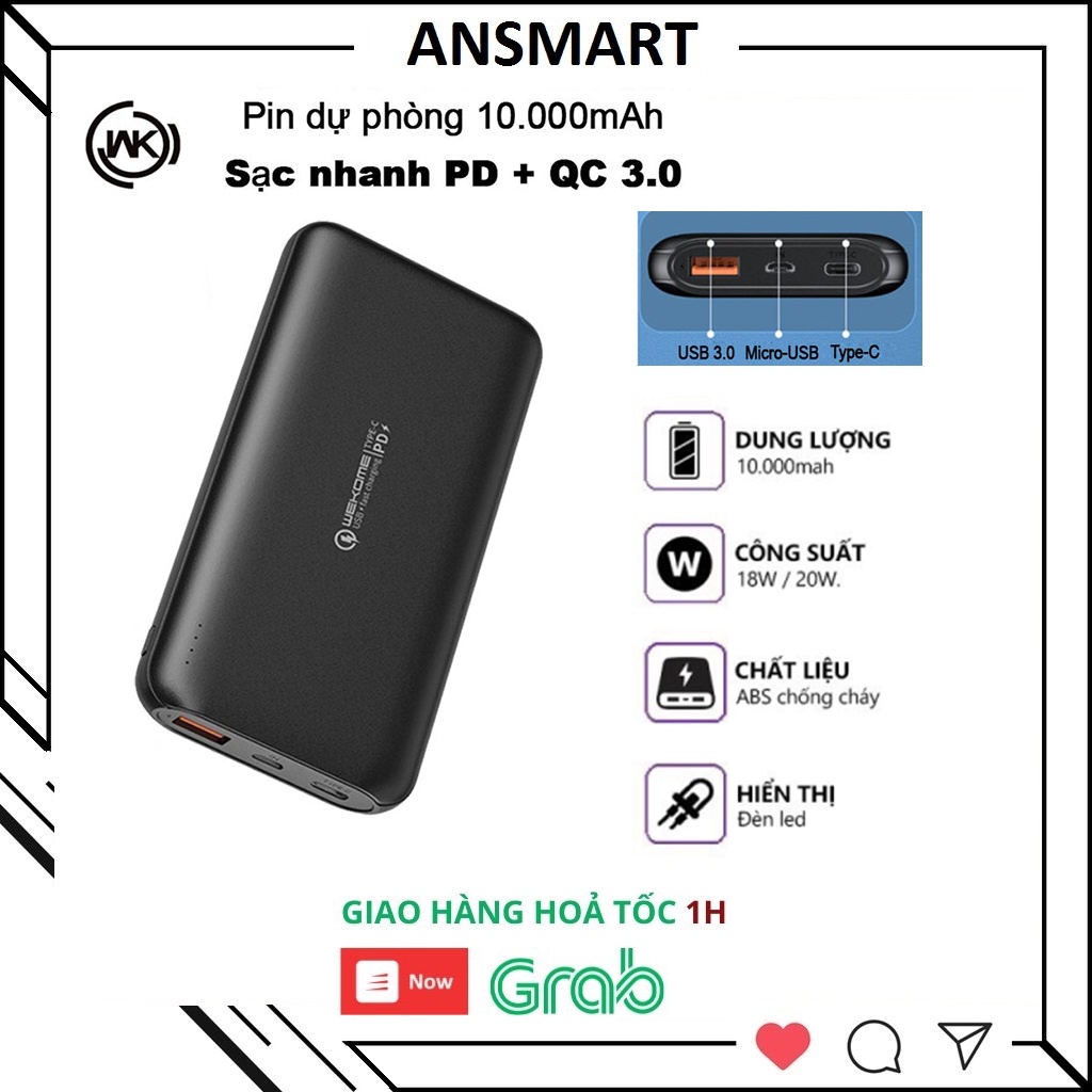 Pin Sạc dự phòng PD 18W + QC3.0 chính hãng WK WP-187/ WP-189