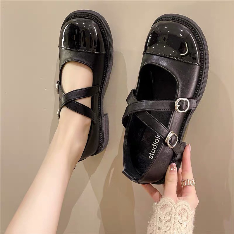 Giày búp bê nữ đế bệt mũi tròn quai chéo thời trang kiểu dáng Hàn Quốc
