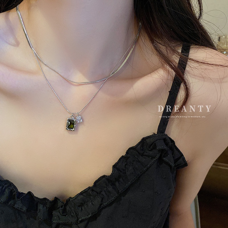 Dây Chuyền Hai Mảnh Mặt Vuông Đính Đá Zircon Cao Cấp Phong Cách Hàn Quốc Đơn Giản Hợp Thời Trang