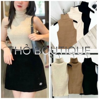 Áo cổ lọ sát nách H&M xuất Âu thun cotton nỉ gân tăm đen, be, nâu