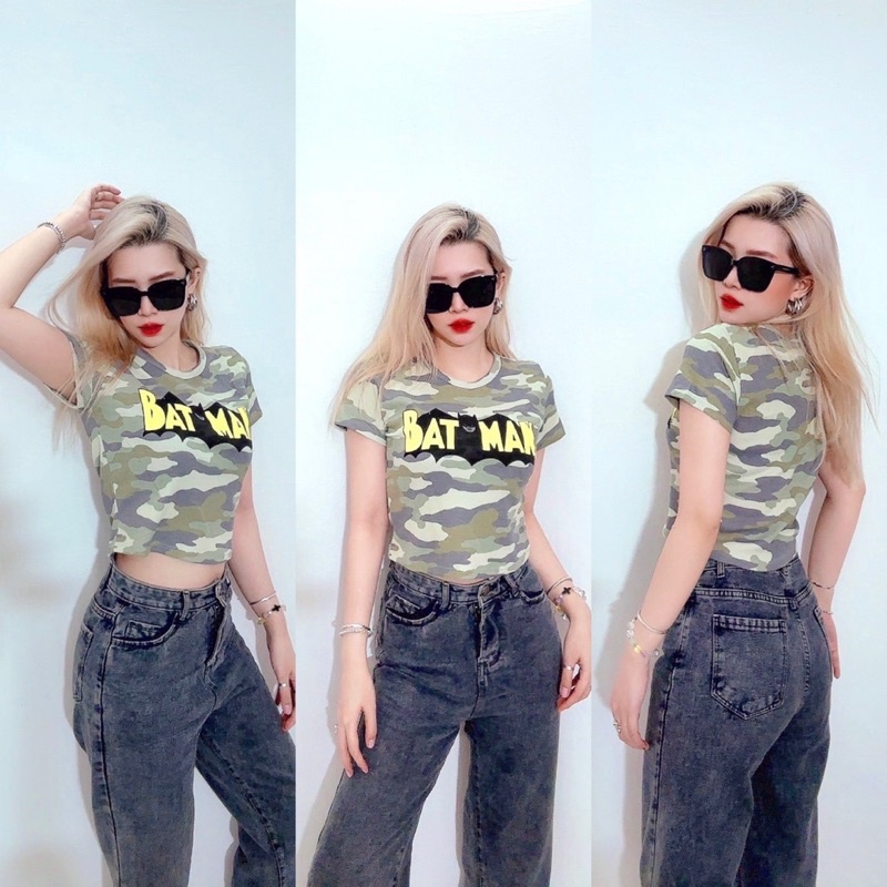 Áo croptop ôm thun tổ ong lính dày dặn in BatMan