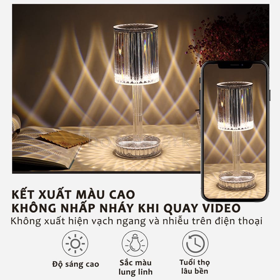 Đèn Ngủ Kim Cương Để Bàn, Đèn Pha Lê Hiệu Ứng 3D Cảm Biến Tích Điện Phong Cách Châu Âu