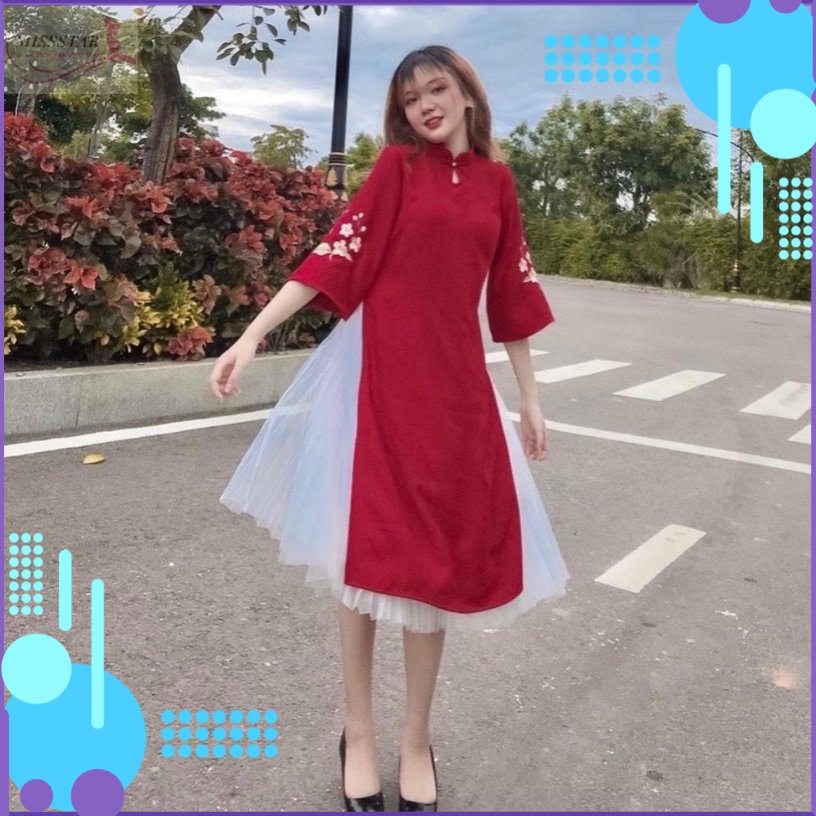 Sét Áo Dài Tay Loa Thêu Hoa Kèm Chân Váy Xòe Cao Cấp Xinh Xắn, Duyên Dáng, Trẻ Trung, Chất Lụa Dày Mềm Mịn, Bền Đẹp