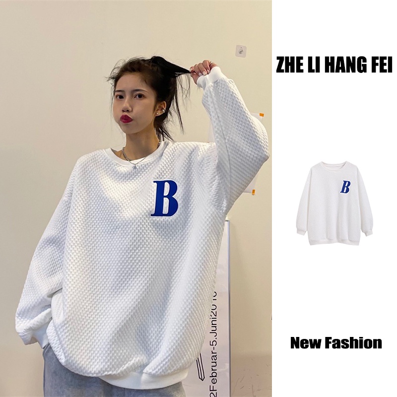 【ZHELIHANGFEI】Áo Thun Tay Dài Cổ Tròn Form Rộng Họa Tiết Kẻ Sọc Hợp Thời Trang