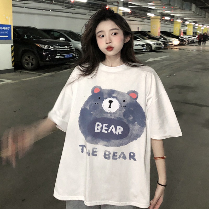 Áo Thun Tay Ngắn Dáng Rộng In Hình Gấu Kiểu Hàn Quốc Dễ Thương Cho Học Sinh