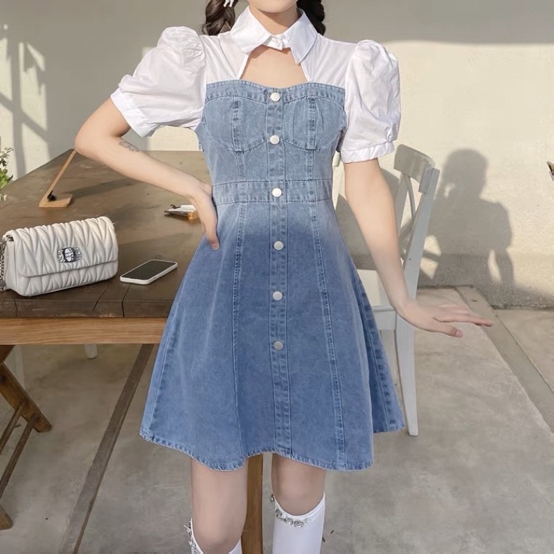 Đầm denim sơ mi khoét cổ