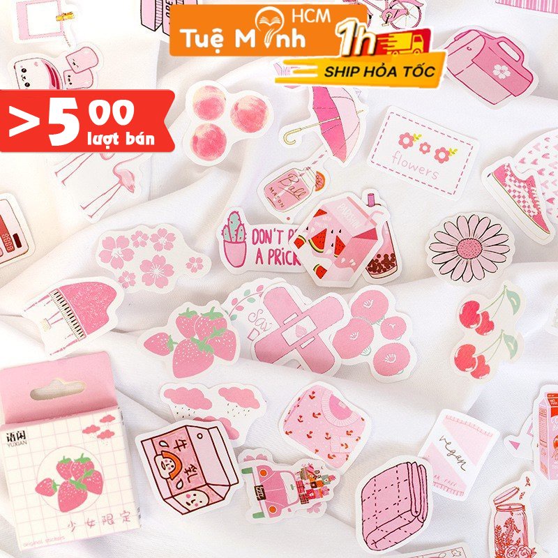 Bộ 50 sticker đồ vật dễ thương STI11, nhãn dán cute hình cây xanh, hộp sữa