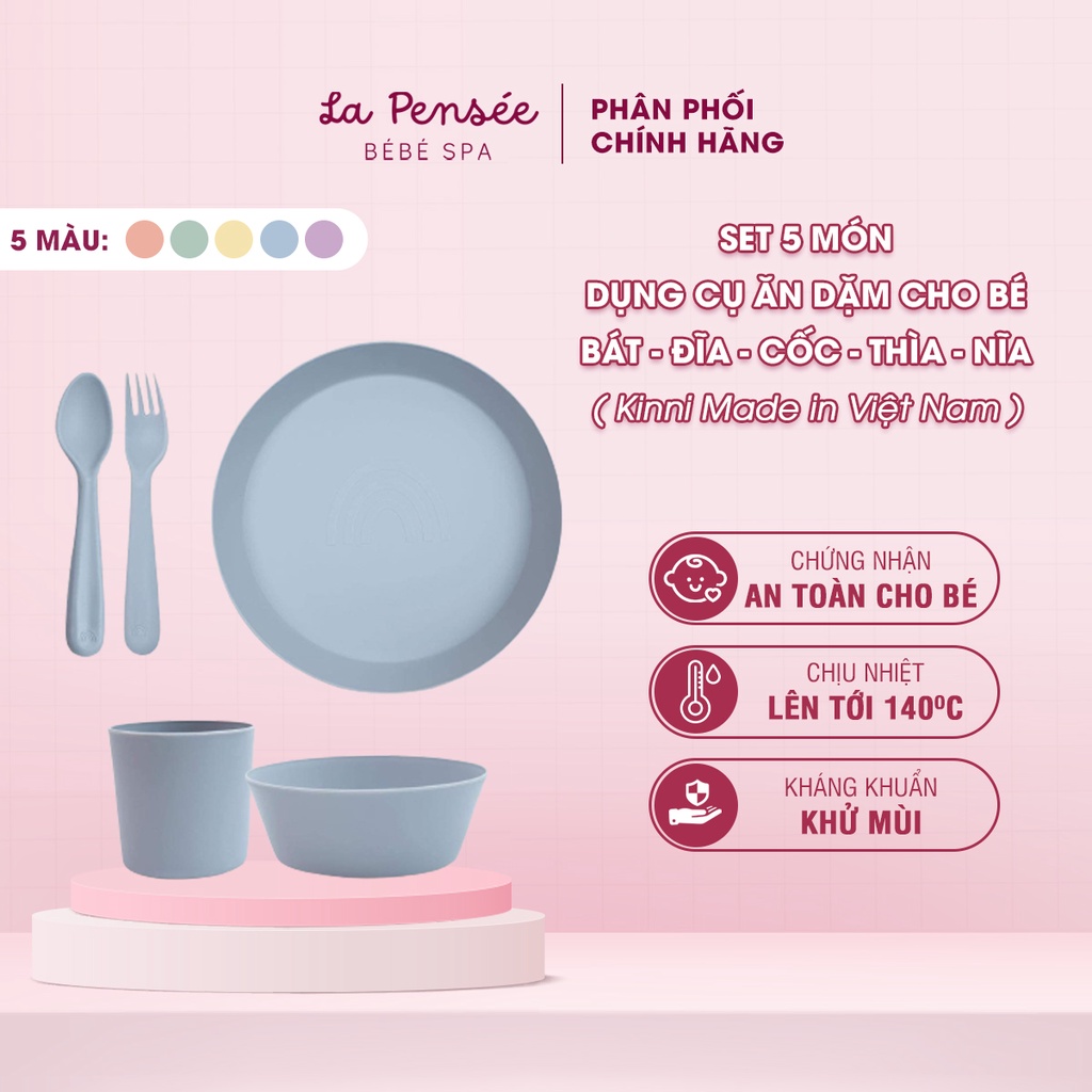 Bộ 5 món, dụng cụ ăn dặm cho bé, Bát Đĩa Cốc Thìa Nĩa màu sắc pastel Kinni Made in Việt Nam an toàn tuyệt đối cho bé