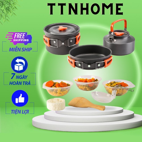 Bộ nồi siêu chảo chống dính nấu ăn khi đi du lịch 8 món