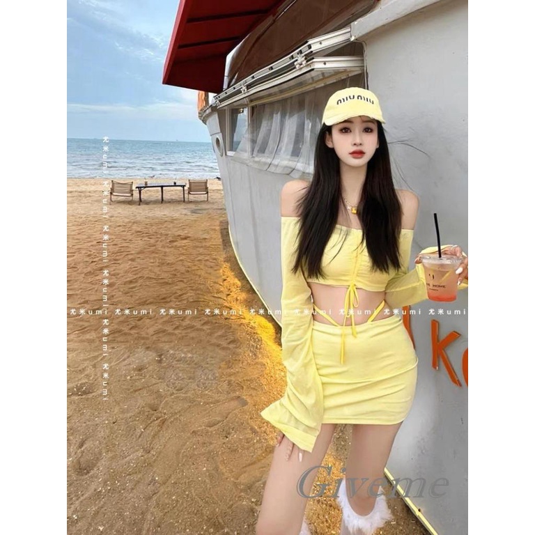 Bộ 2 Món Áo Croptop Trễ Vai Tay Dài + Chân Váy Lưng Thấp Màu Trơn Xinh Xắn Cho Nữ