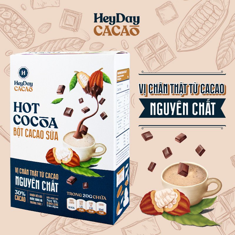 Bột Cacao Sữa Heyday - Đậm Vị Chân Thật Từ Cacao Nguyên Chất - Hộp Giấy 12 Gói x 20g