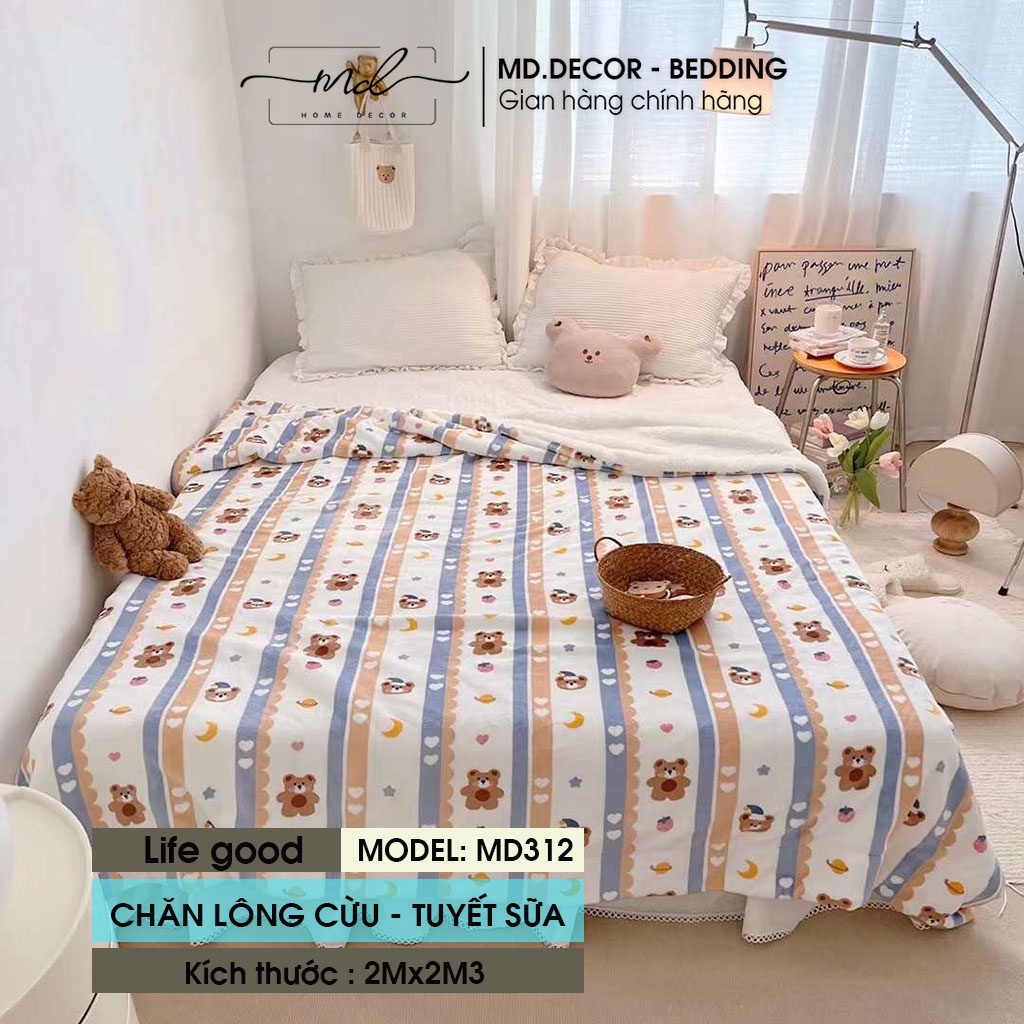 Chăn lông cừu nhung tuyết MD Decor kích thước 2mx2m3 ấm áp nhiều họa tiết 3D dễ thương tiện lợi cho mọi gia đình