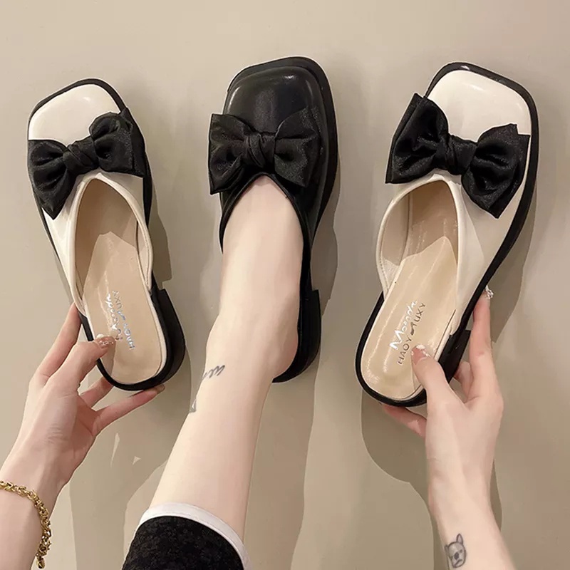 Giày sục mũi vuống đé 3cm nơ vải siêu xinh phong cách vintage( bít mũi nơ hộp)- FORM TO