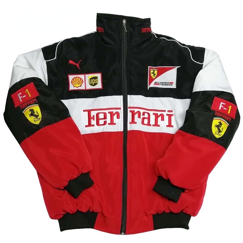 Áo Khoác Cotton Tay Dài Thêu Logo Ferrari Team F1 Phong Cách Retro Thời Trang Thu Đông