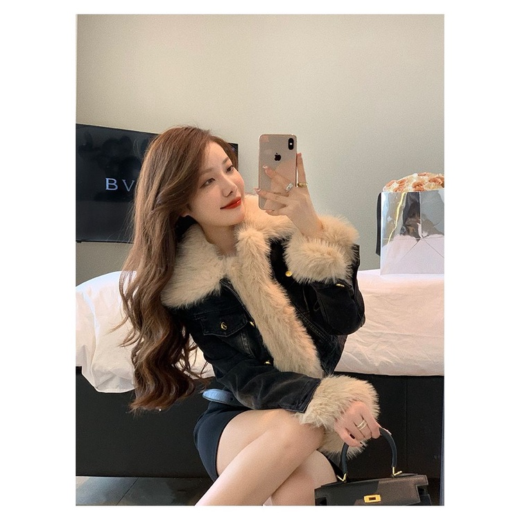 Áo Khoác Denim Ngắn Dáng Ôm Phối Lông Thời Trang Mùa Đông Hàn Quốc 2022