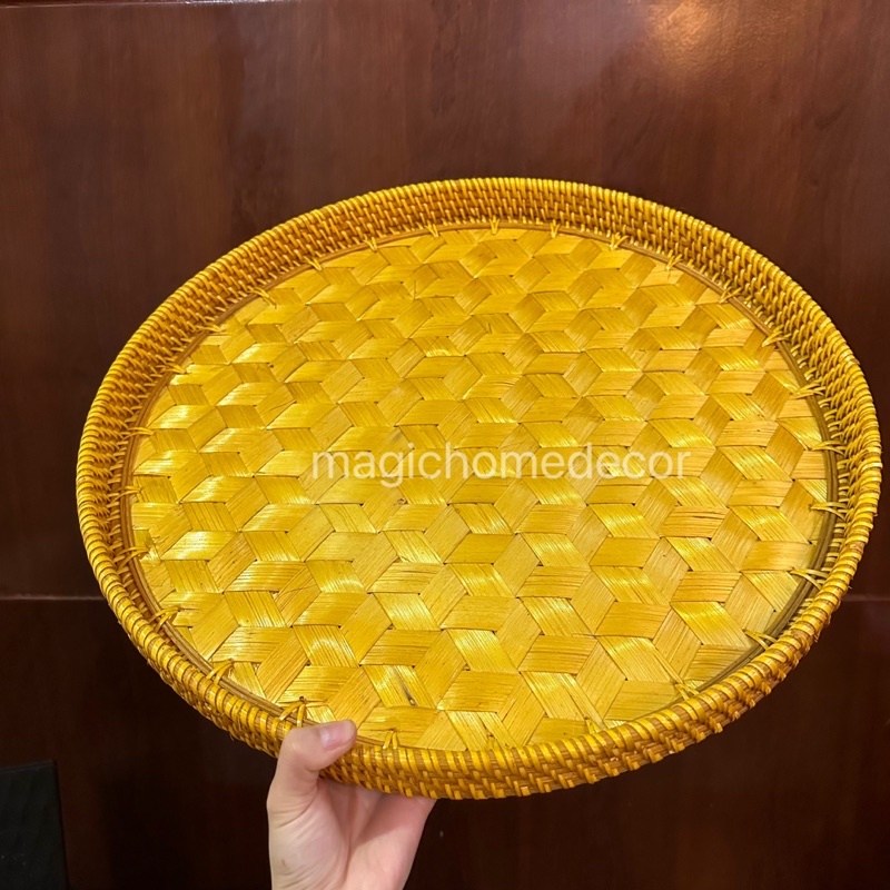 Mâm mây đáy đế gỗ  cao cấp đan thủ công hàng xuất dư D48cm - Magic Home Decor